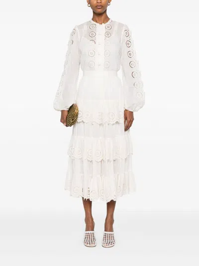 Zimmermann Lucky Embroidered Midi Skirt In White