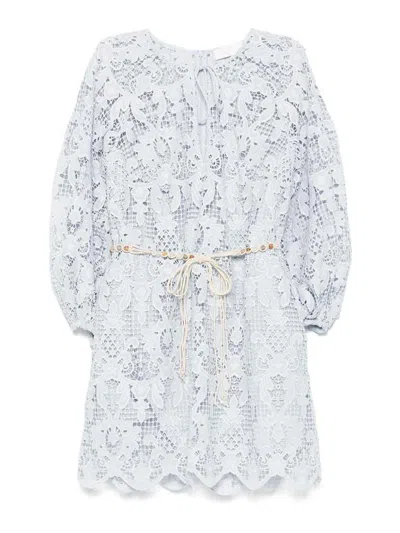 Zimmermann Ascension Lace Mini Dress W/ Belt In Blue
