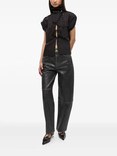 Ganni Wide Leg Trousers Metallic Finish Pockets In Black