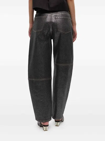 Ganni Wide Leg Trousers Metallic Finish Pockets In Black