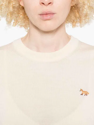 Maison Kitsuné Wool Crew Neck Jumper With Ribbed Cuffs In Neutral