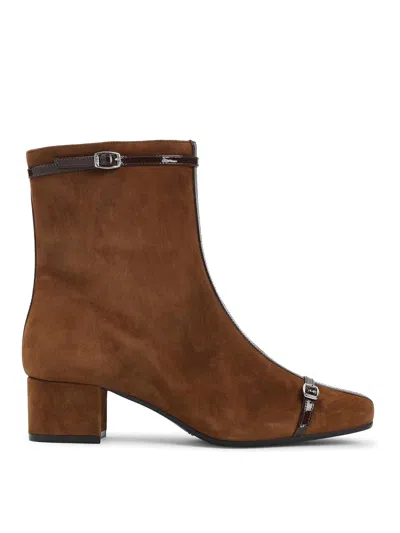 Carel Paris Brown Suede Ankle Boots With Decorative Buckled Straps In Brown