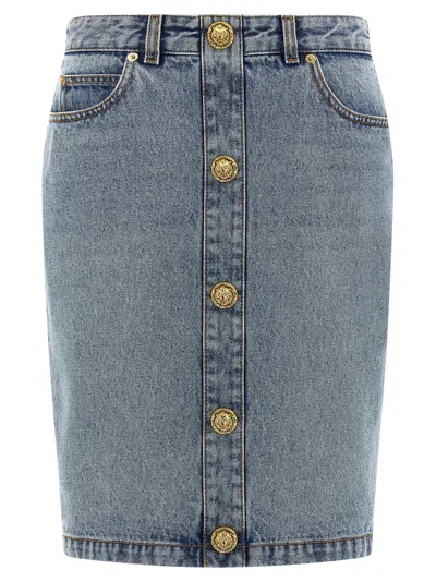 Balmain Denim Skirt Featuring Pockets And Button Accents In Blue