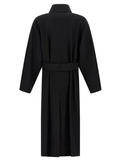 Saint Laurent Double-breasted Long Coat In Grain De Poudre In Black