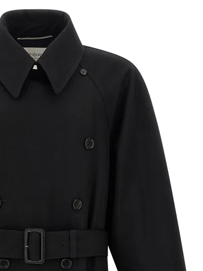 Saint Laurent Double-breasted Long Coat In Grain De Poudre In Black