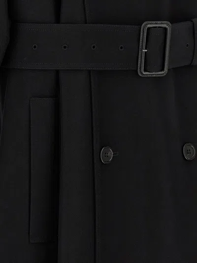 Saint Laurent Double-breasted Long Coat In Grain De Poudre In Black