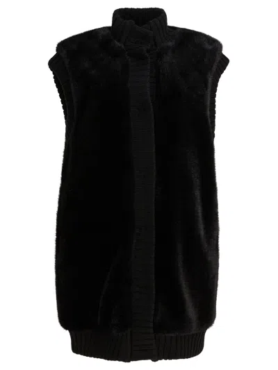 Pinko Genovese Black Sleeveless Vest With High Neck And Ribbed Details In Ecofur Woman In Black
