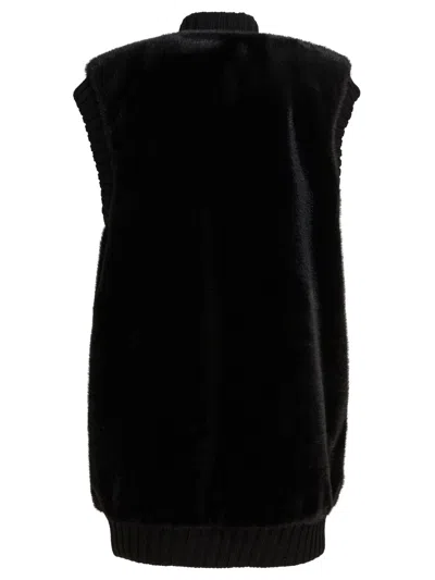 Pinko Genovese Black Sleeveless Vest With High Neck And Ribbed Details In Ecofur Woman In Black