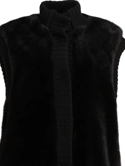Pinko Genovese Black Sleeveless Vest With High Neck And Ribbed Details In Ecofur Woman In Black