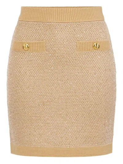 Elisabetta Franchi Knitted Mini Skirt With Sequins Clothing In Brown