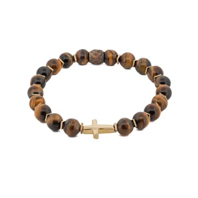 Ebru Jewelry Men's Gold / Brown Gold Cross Tiger's Eye Beaded Bracelet - Brown In Multi