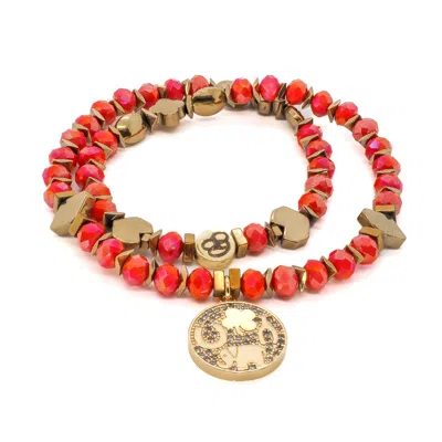 Ebru Jewelry Women's Gold / Red Lucky & Protection Symbol Charm Double Beaded Red Bracelet - Red In Gold