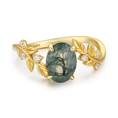 Azura Jewelry New York Women's Between The Leaf Oval Moss Agate Ring Solid Yellow Gold© In Gold