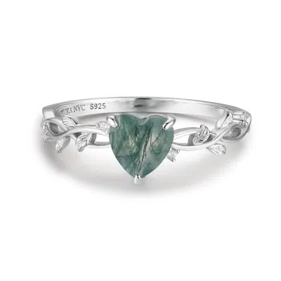Azura Jewelry New York Women's Silver Everlasting Heart Moss Agate Ring White Gold Vermeil© In Silver