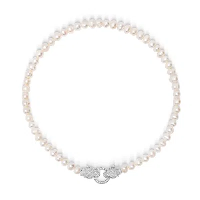 Nialaya White / Gold Women's Pearl Choker With Silver Double Panther Head In Multi