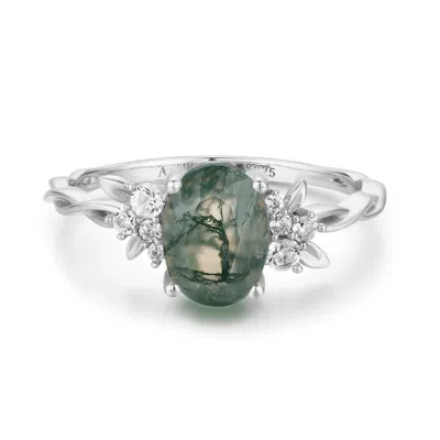 Azura Jewelry New York Women's Silver Enchanted Garden Moss Agate Ring Solid White Gold© In Silver