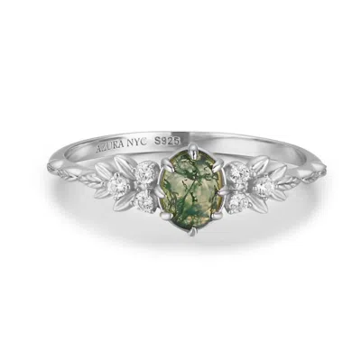 Azura Jewelry New York Women's Silver Wildflower Moss Agate Ring Solid White Gold© In Silver