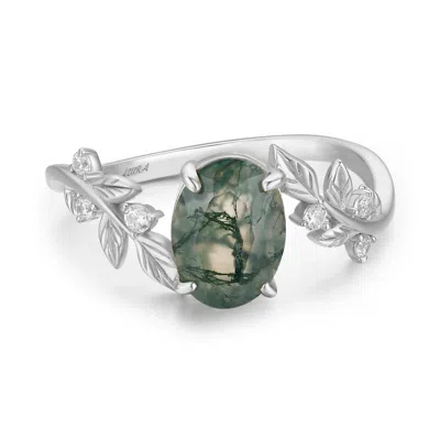 Azura Jewelry New York Women's Silver Between The Leaf Oval Moss Agate Ring Solid White Gold© In Silver