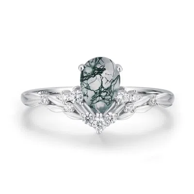 Azura Jewelry New York Women's Silver Angelique Tulip Moss Agate Ring White Gold Vermeil In Silver
