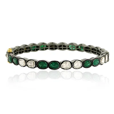 Artisan Women's White / Green / Black Uncut Diamond & Emerald Victorine Bangle In Oxidized Gold Silver Fine  In Black