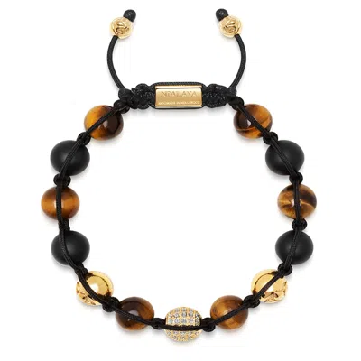 Nialaya Black / Brown / Gold Men's Beaded Bracelet With Gold, Cz Diamond, Matte Onyx, And Brown Tiger Eye In Multi