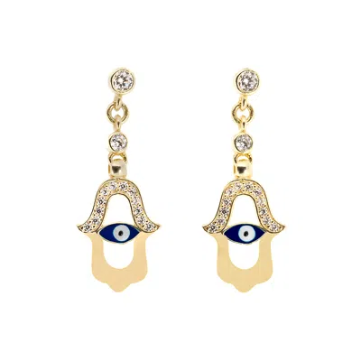 Ebru Jewelry Women's Gold / Blue / White Blue Enamel Evil Eye Gold Plated Hamsa Earrings - Blue In Multi
