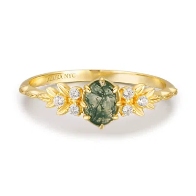 Azura Jewelry New York Women's Wildflower Moss Agate Ring Solid Yellow Gold© In Gold