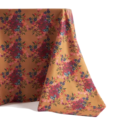 Sophie Williamson Design Red / Orange Extra Large Tablecloth In Golden Orange And Fuchsia With A Bold Flower Print In Multi