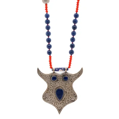 Ebru Jewelry Women's Blue / Orange / Silver Spirit Animal Silver & Lapis Lazuli Stone Owl Pendant Unique Beaded N