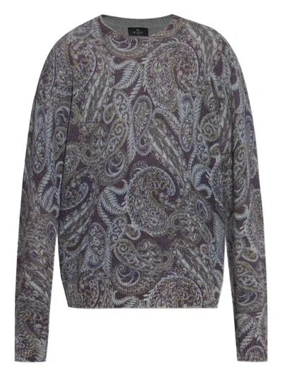 Etro Ribbed Knit Crewneck Sweater Paisley In Gray