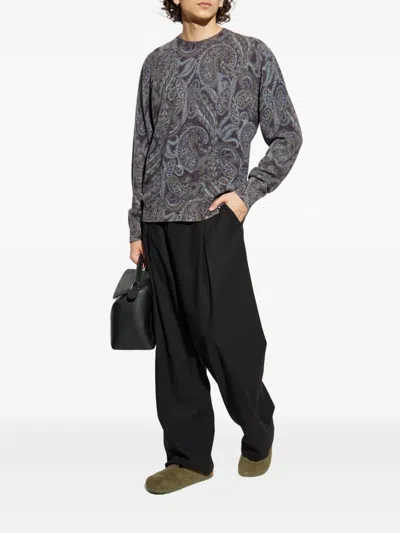 Etro Ribbed Knit Crewneck Sweater Paisley In Gray