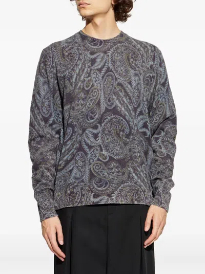 Etro Ribbed Knit Crewneck Sweater Paisley In Gray