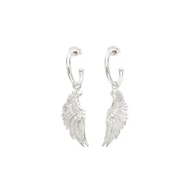 Seven Saints Women's Angel Wing Hoop Earrings, White Rhodium Over Sterling Silver In Silver