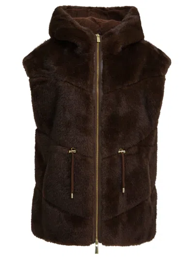 Max&moi Sleeveless Fur Coat With Hood Jackets Brown