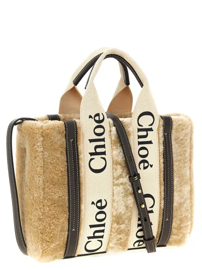 Chloé Small Woody Tote Bag In Shearling In Neutral