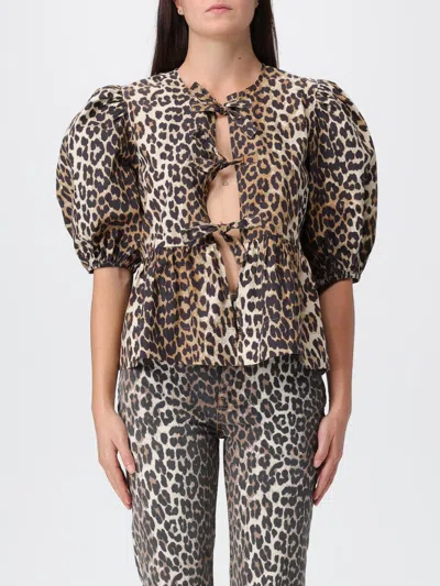 Ganni Tan Leopard Cotton Poplin Peplum Tie Blouse In Black