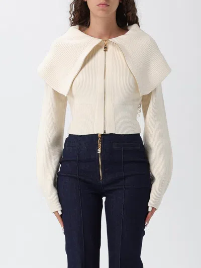 Elisabetta Franchi Cropped White Sweater With Fold-over Collar In Metallic