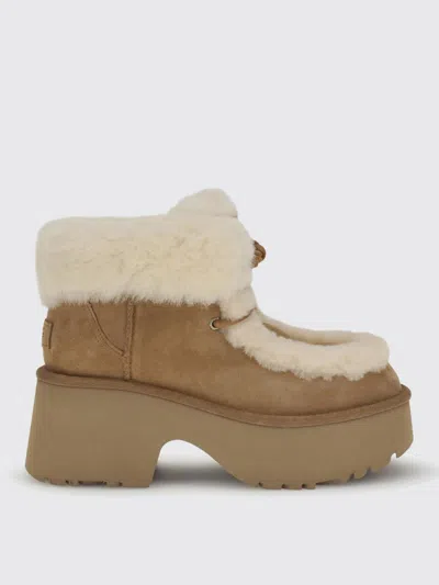Ugg Esmee Beige Ankle Boots With Fur Detailing And Platform In Suede Woman In Brown