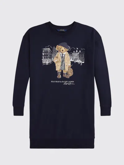 Polo Ralph Lauren Big Girls Polo Bear Fleece Sweatshirt Dress In Blue