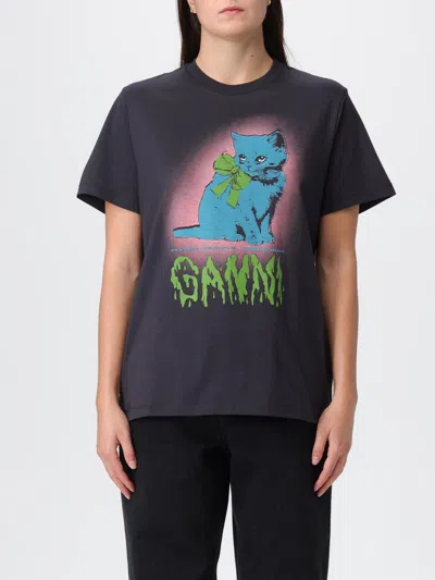 Ganni Neon Kitty Organic Cotton T-shirt In Gray