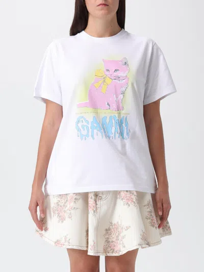 Ganni Neon Kitty Bright White T-shirt In Multi