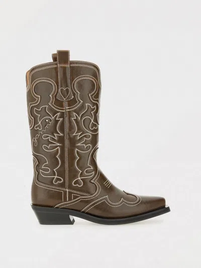 Ganni Shaft Boots With Cuban Heel And Decorative Stitching In Brown