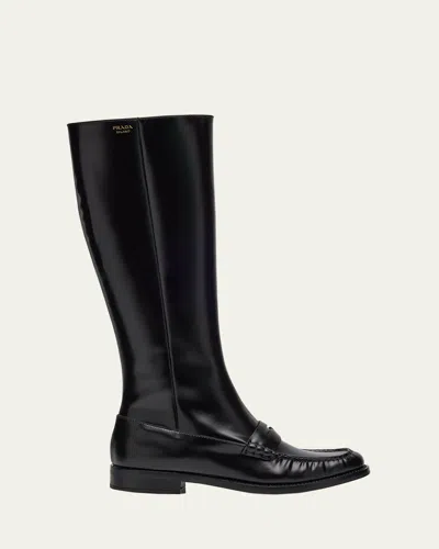Prada Knee-high Leather Boots Glossy Finish In Black