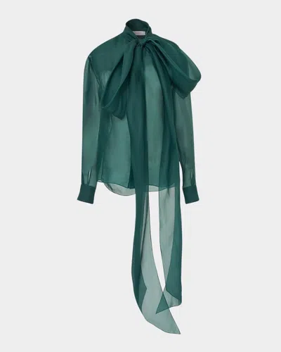 Carolina Herrera Bow Silk Button-down Top In Green