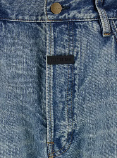 Fear Of God Men Blue Five-pocket Jeans With Front Logo Patch In Denim Man