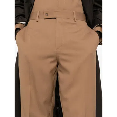 Fendi Men Beige Pants With Belt Loops And Ff Plaque On The Loop In Wool Woman In Brown