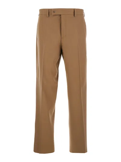 Fendi Men Beige Pants With Belt Loops And Ff Plaque On The Loop In Wool Woman In Brown