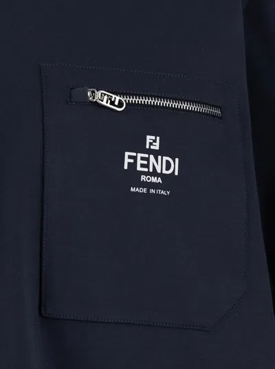 Fendi Men Blue Crewneck T-shirt With Logo Printed On The Front And Patch Pocket With Zip In Cotton M In Blue