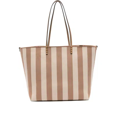 Fendi Pequin Striped And Ff Fabric Roll Large Reversible Shopper In Neutral