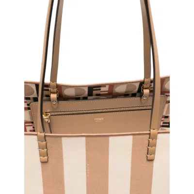 Fendi Pequin Striped And Ff Fabric Roll Large Reversible Shopper In Neutral